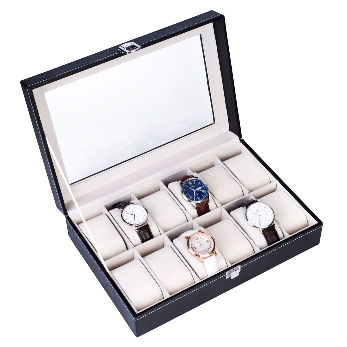12-Slot Glass-Top Leather Watch Display Box