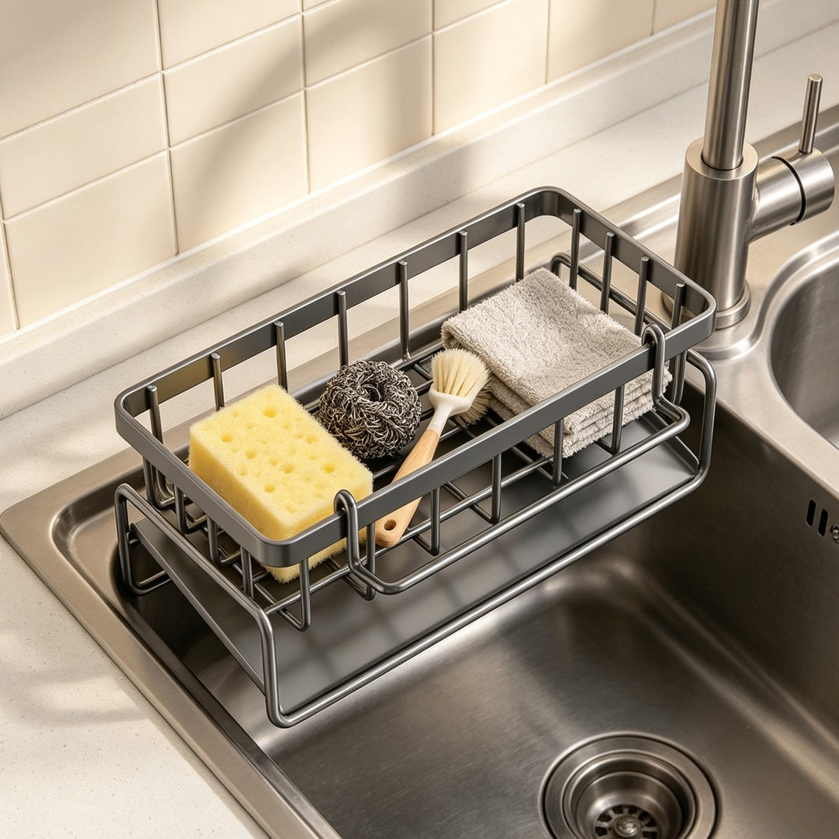 Stainless Steel Kitchen Sink Caddy — Sponge & Brush Holder Organizer