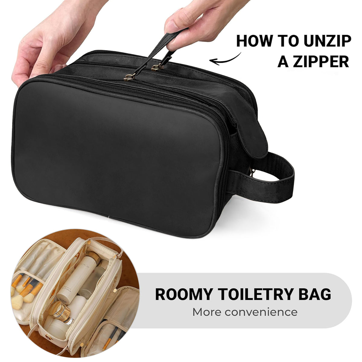 Flat-Open Travel Makeup Organizer Bag — Waterproof PU Leather Cosmetic Bag with Compartments