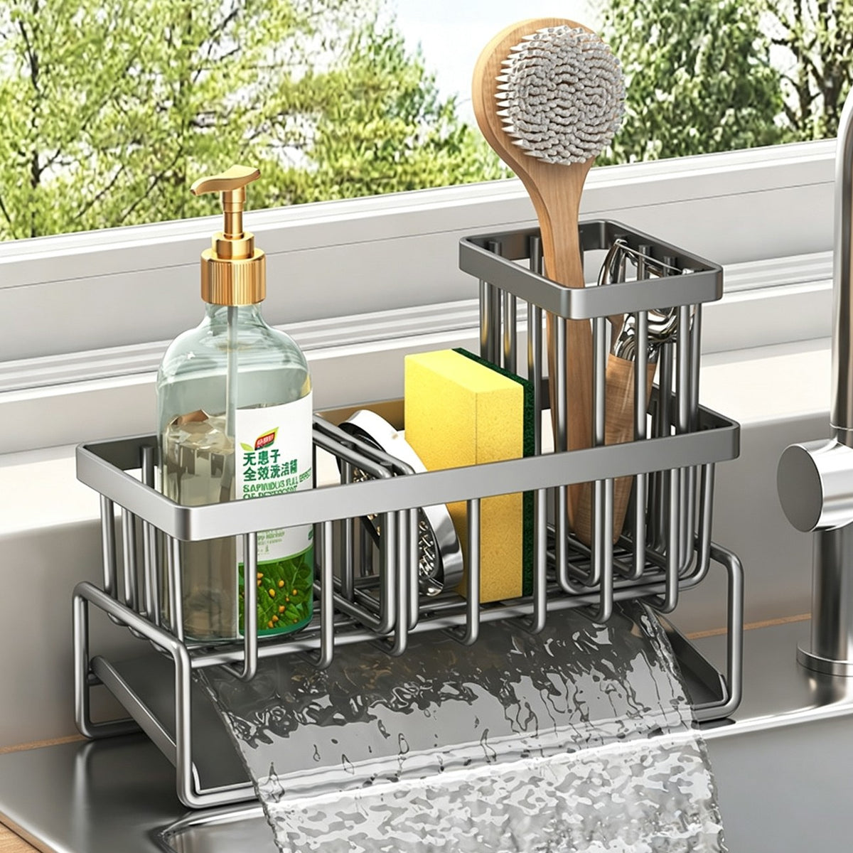 Stainless Steel Kitchen Sink Caddy — Sponge & Brush Holder Organizer