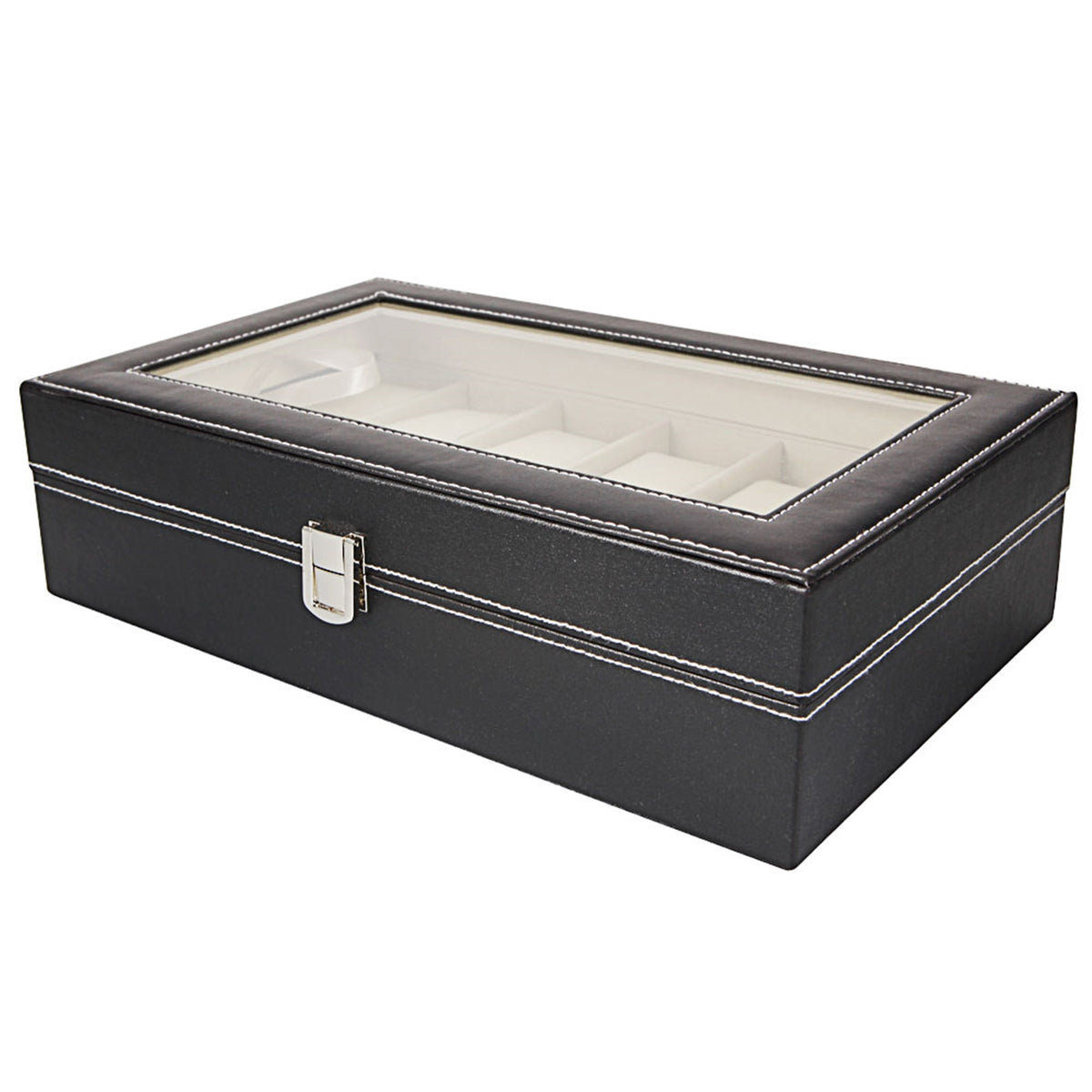 12-Slot Glass-Top Leather Watch Display Box