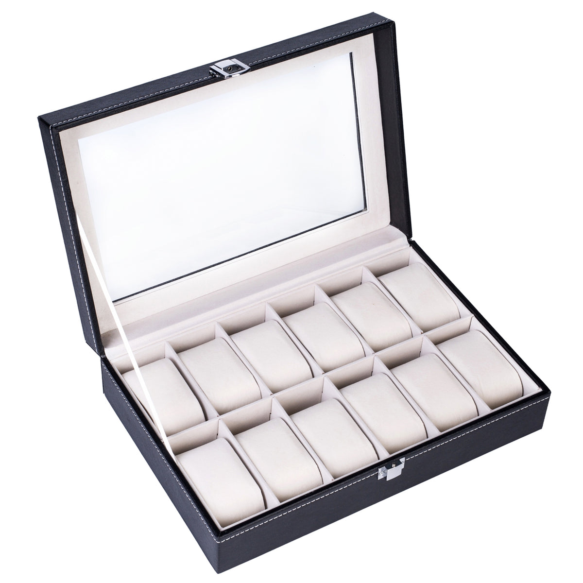 12-Slot Glass-Top Leather Watch Display Box