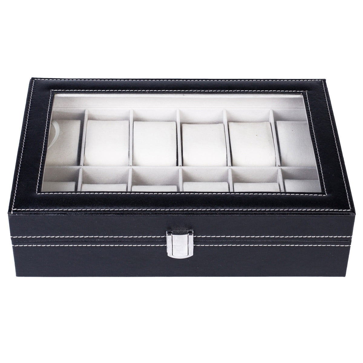 12-Slot Glass-Top Leather Watch Display Box