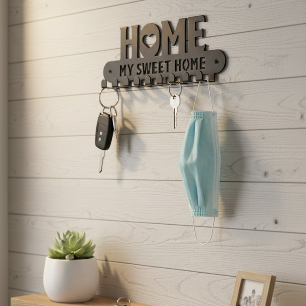 'Sweet Home' Metal Key Holder with Hooks — Entryway Organizer