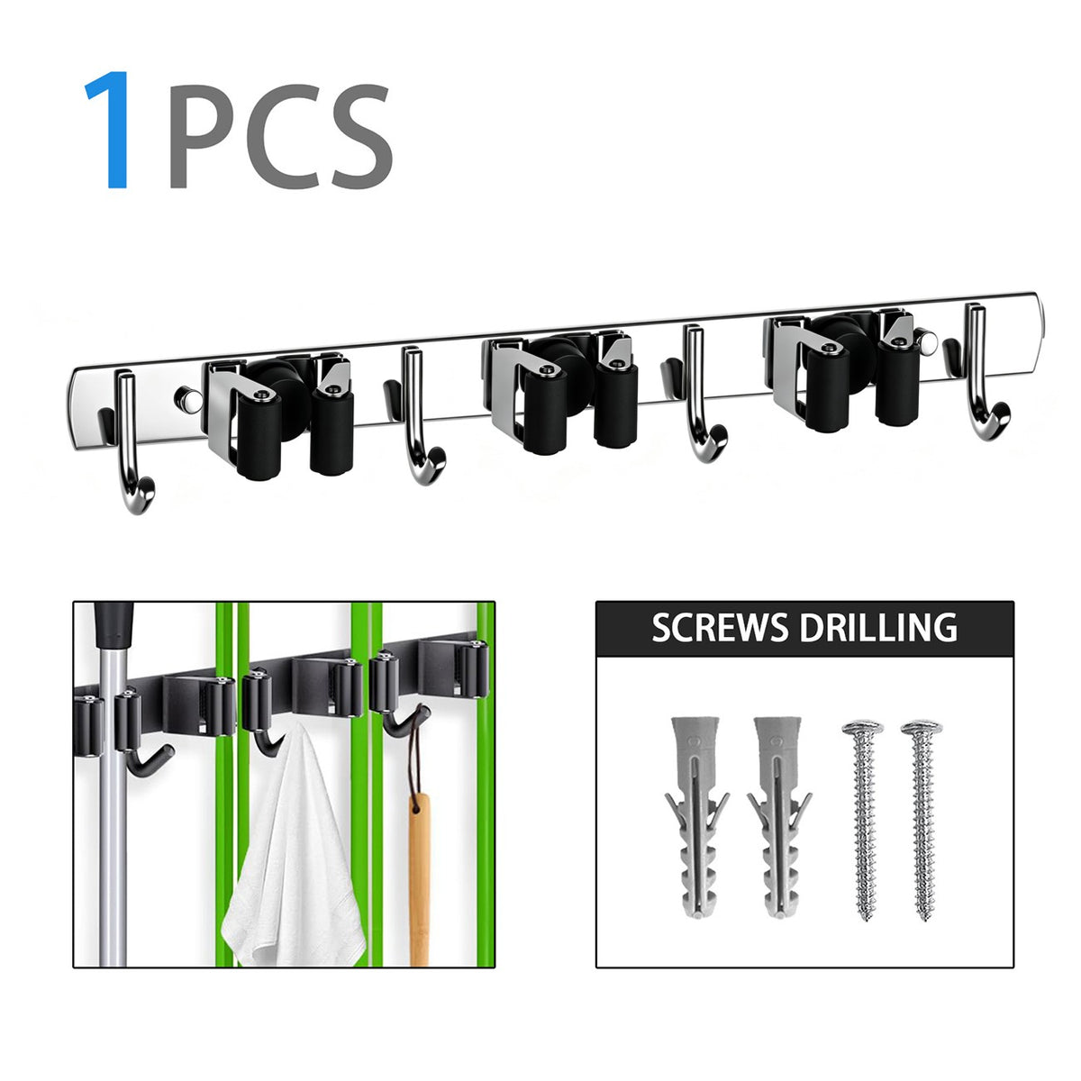 Wall-Mount Broom & Mop Holder — Garage/Kitchen Tool Organizer