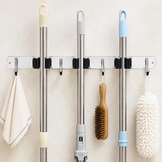 Wall-Mount Broom & Mop Holder — Garage/Kitchen Tool Organizer