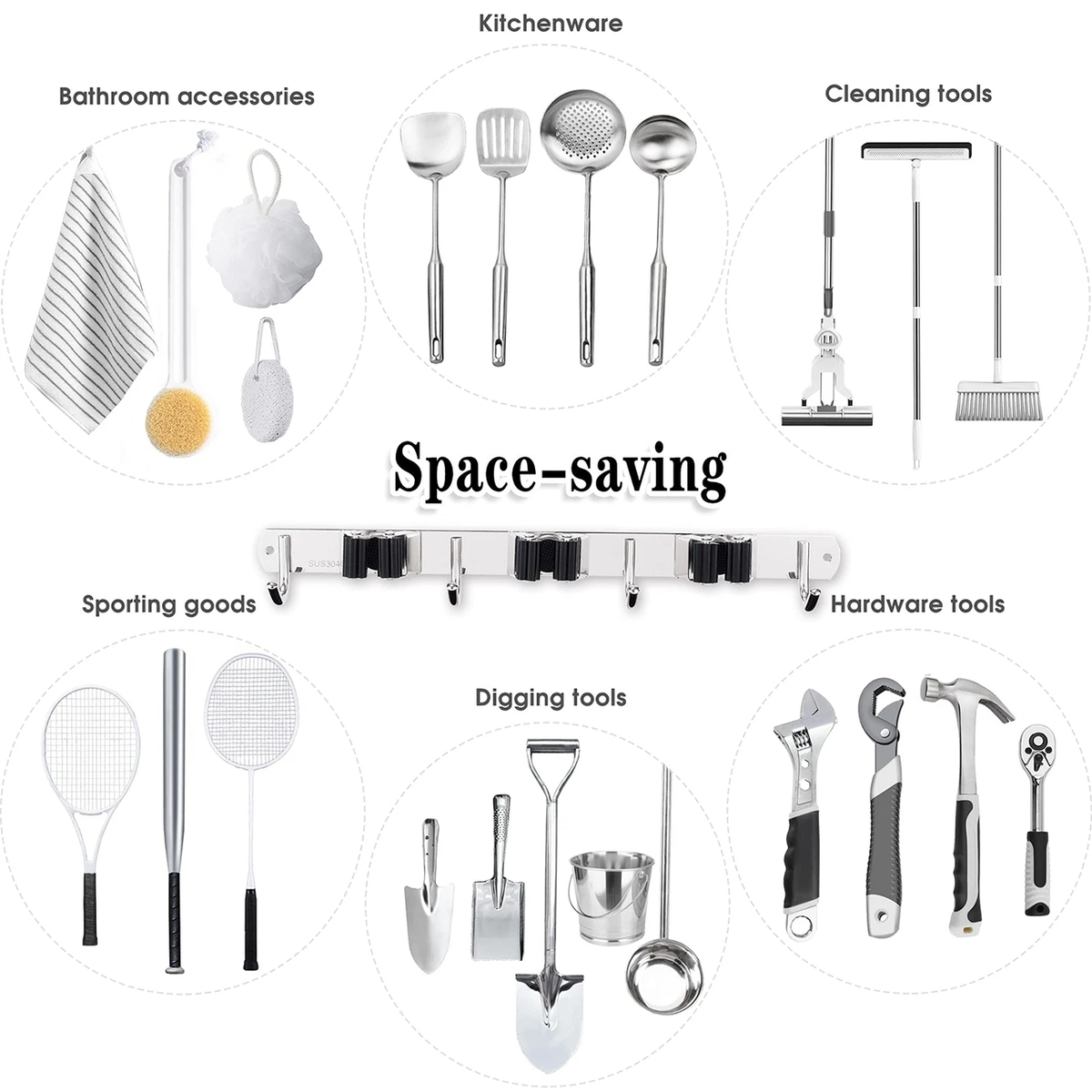 Wall-Mount Broom & Mop Holder — Garage/Kitchen Tool Organizer