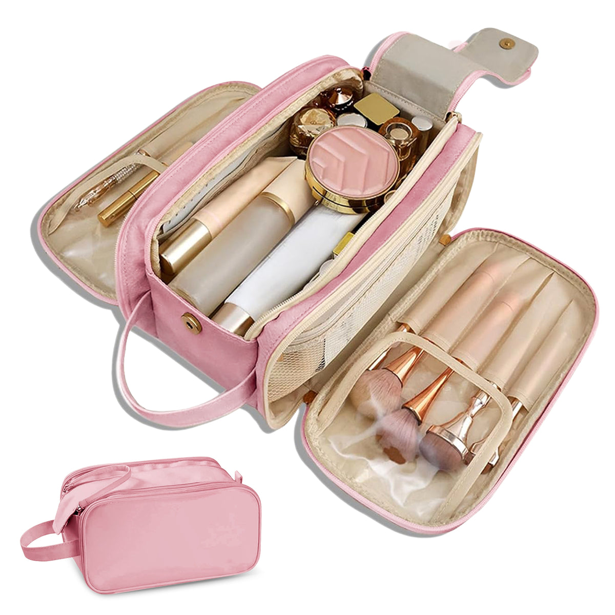 Flat-Open Travel Makeup Organizer Bag — Waterproof PU Leather Cosmetic Bag with Compartments