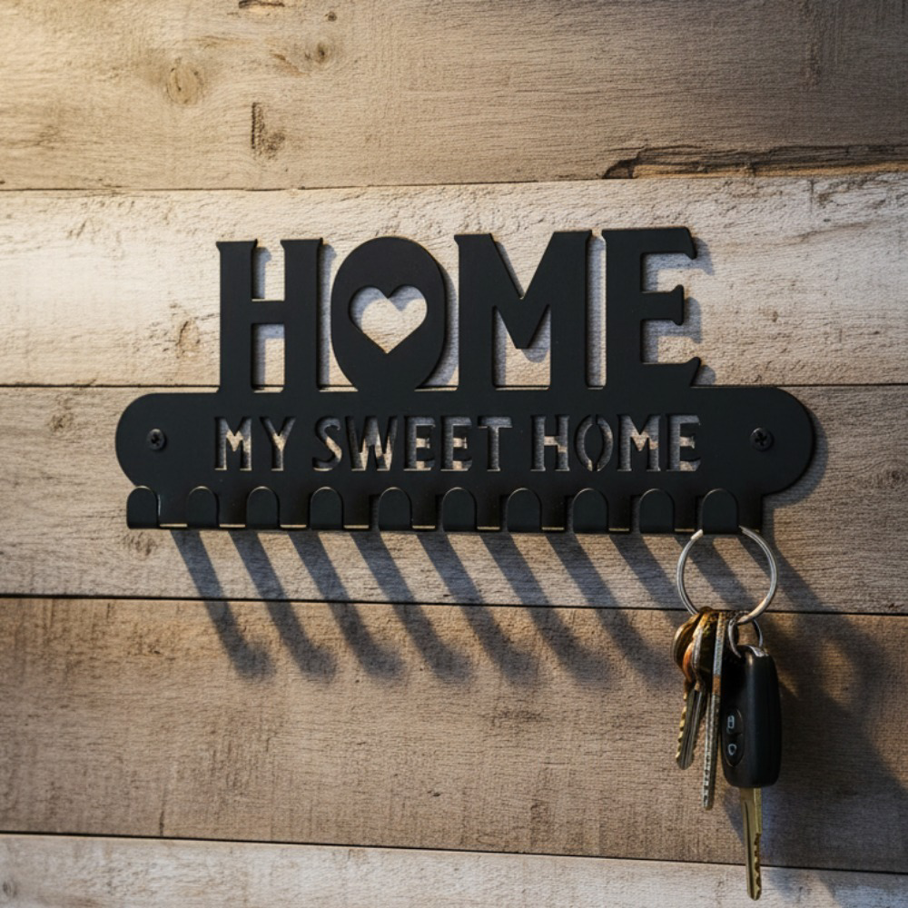 'Sweet Home' Metal Key Holder with Hooks — Entryway Organizer