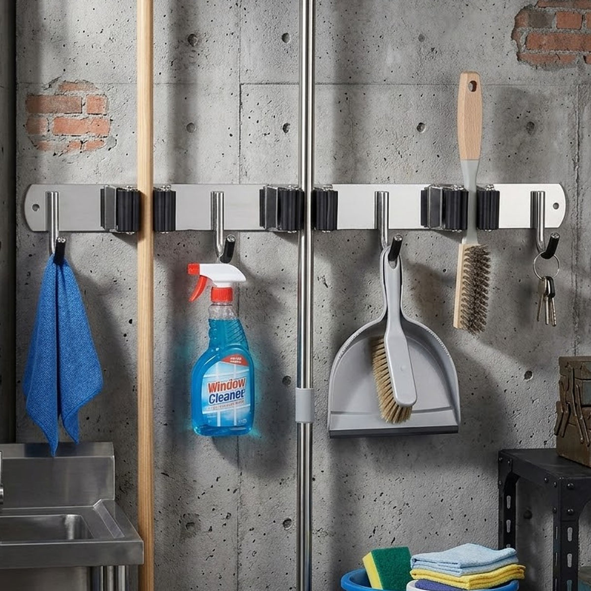 Wall-Mount Broom & Mop Holder — Garage/Kitchen Tool Organizer
