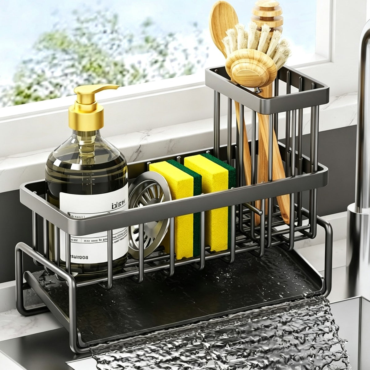 Stainless Steel Kitchen Sink Caddy — Sponge & Brush Holder Organizer