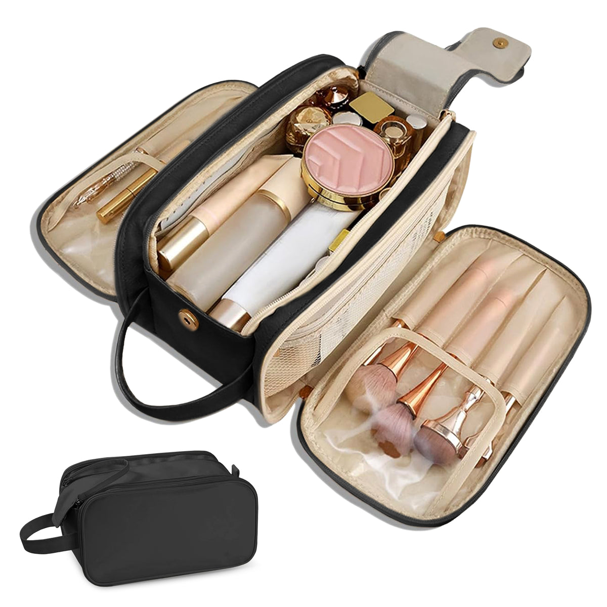 Flat-Open Travel Makeup Organizer Bag — Waterproof PU Leather Cosmetic Bag with Compartments