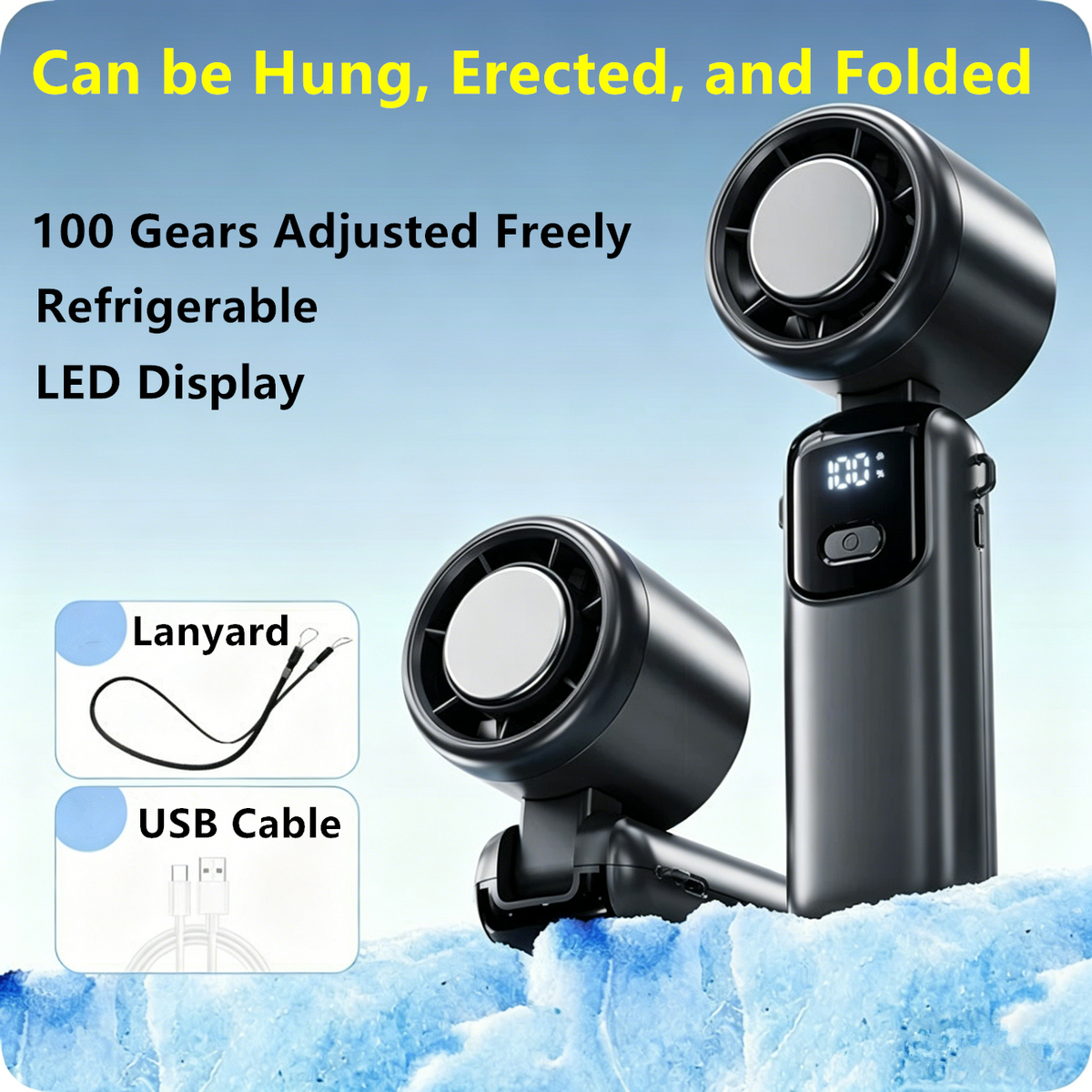 Turbo Handheld Fan with Ice Cooling & LED Display — 100-Speed Rechargeable Portable Fan, 90° Foldable, USB-C Fast Charging