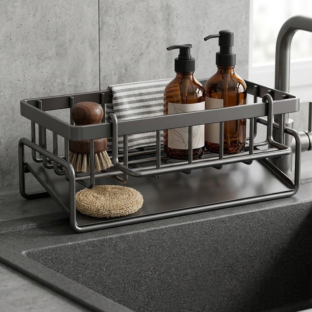 Stainless Steel Kitchen Sink Caddy — Sponge & Brush Holder Organizer