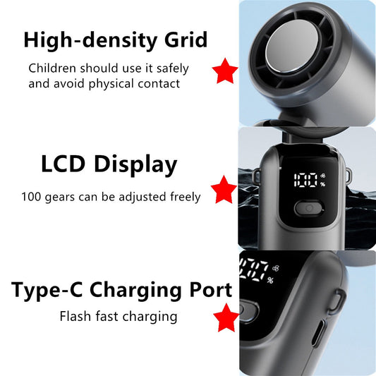 Turbo Handheld Fan with Ice Cooling & LED Display — 100-Speed Rechargeable Portable Fan, 90° Foldable, USB-C Fast Charging