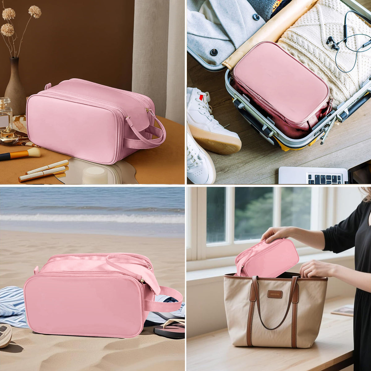 Flat-Open Travel Makeup Organizer Bag — Waterproof PU Leather Cosmetic Bag with Compartments
