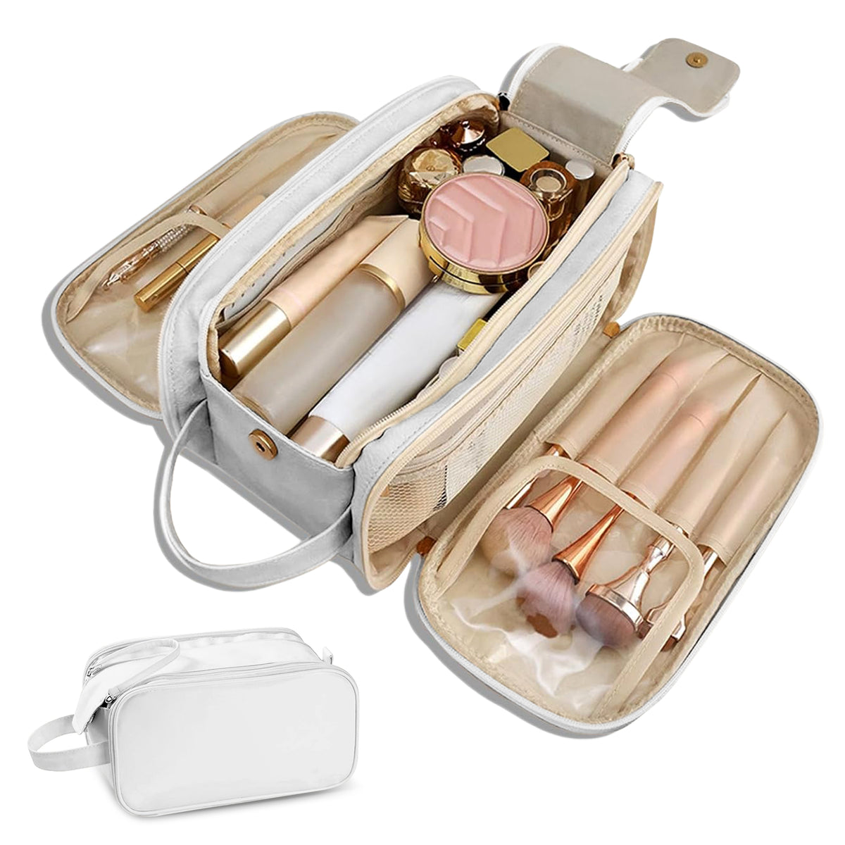 Flat-Open Travel Makeup Organizer Bag — Waterproof PU Leather Cosmetic Bag with Compartments