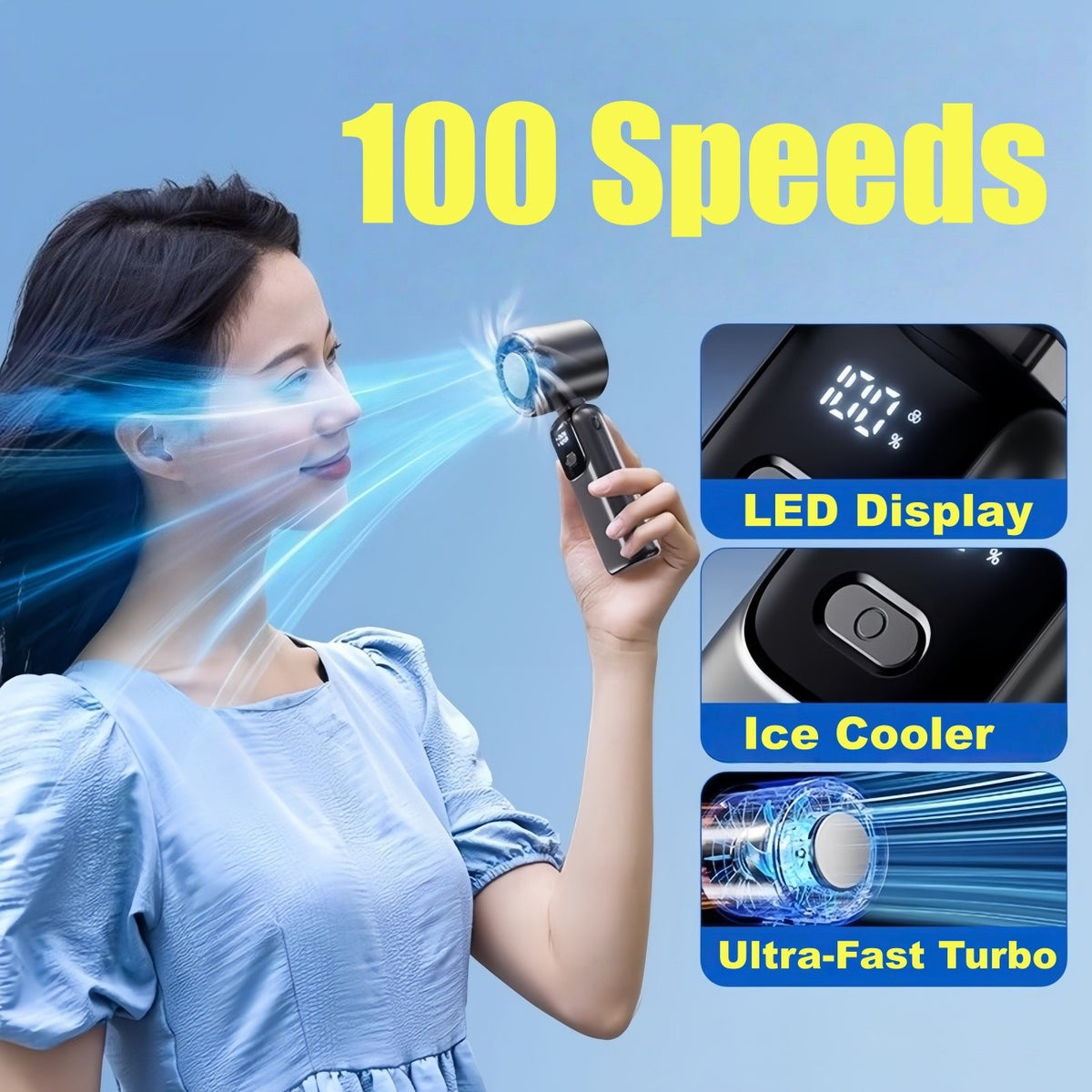 Turbo Handheld Fan with Ice Cooling & LED Display — 100-Speed Rechargeable Portable Fan, 90° Foldable, USB-C Fast Charging