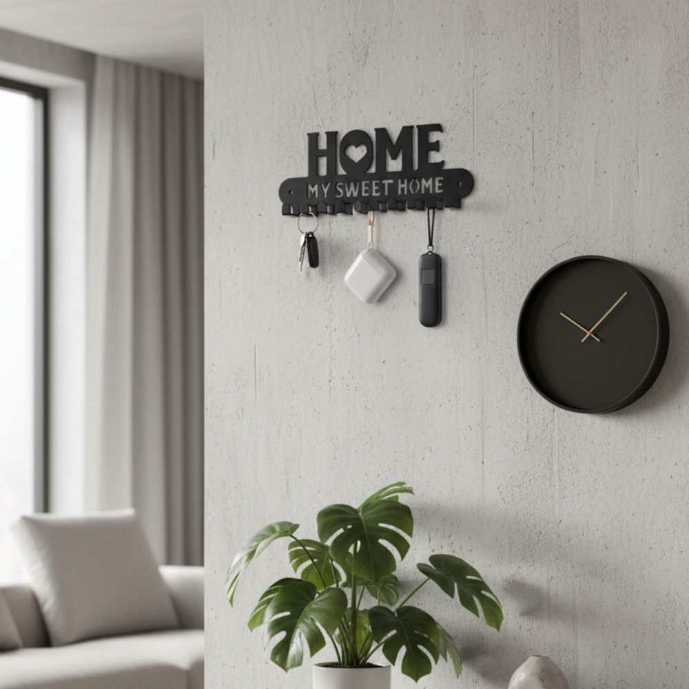 'Sweet Home' Metal Key Holder with Hooks — Entryway Organizer