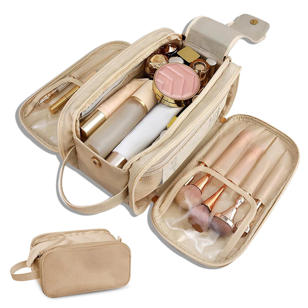 Flat-Open Travel Makeup Organizer Bag — Waterproof PU Leather Cosmetic Bag with Compartments