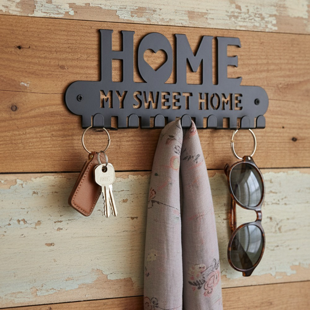 'Sweet Home' Metal Key Holder with Hooks — Entryway Organizer
