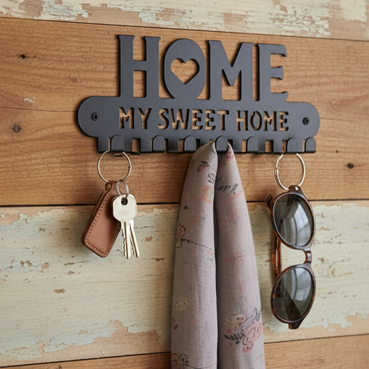 'Sweet Home' Metal Key Holder with Hooks — Entryway Organizer