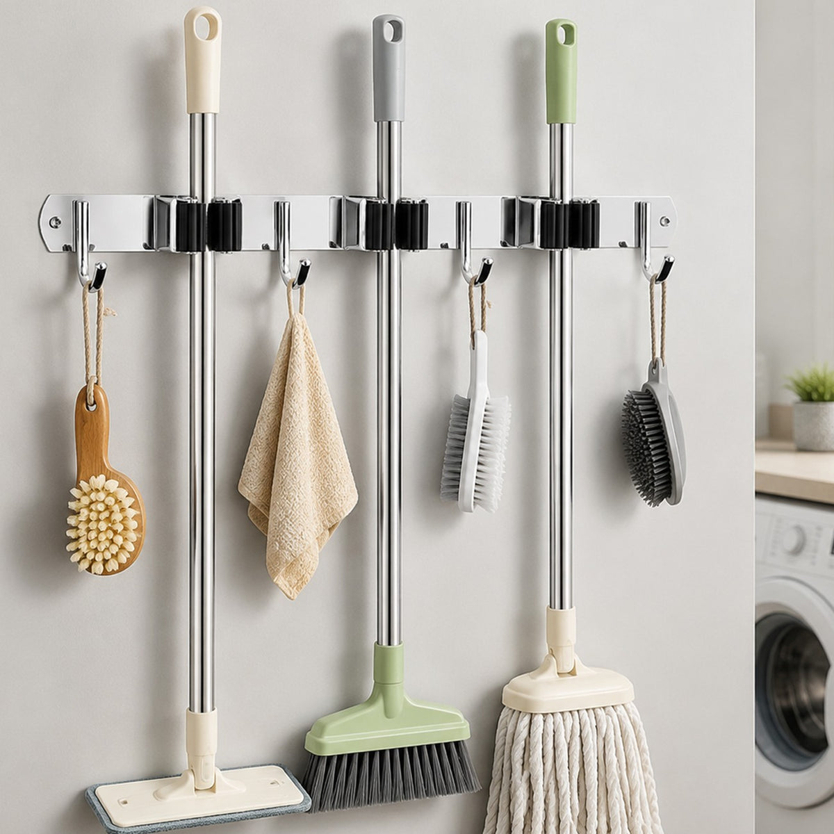 Wall-Mount Broom & Mop Holder — Garage/Kitchen Tool Organizer