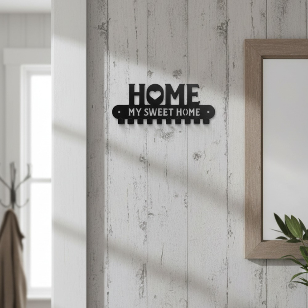 'Sweet Home' Metal Key Holder with Hooks — Entryway Organizer