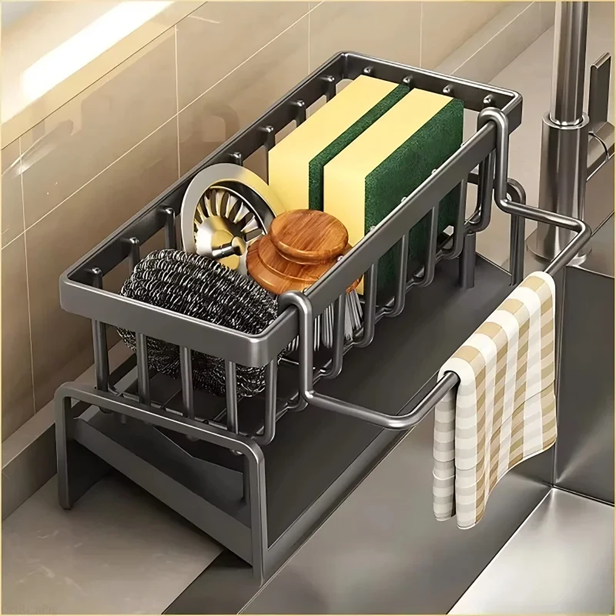 Stainless Steel Kitchen Sink Caddy — Sponge & Brush Holder Organizer